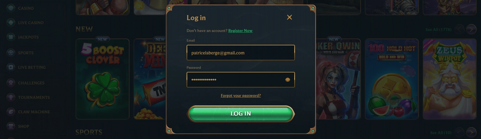 Interface de connexion Talismania Casino